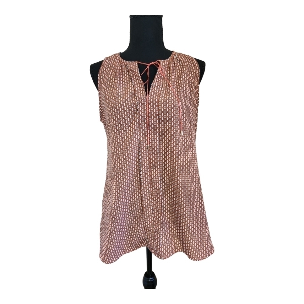 ANN TAYLOR geometric print pattern sleeveless blouse neck tie orange black sz S